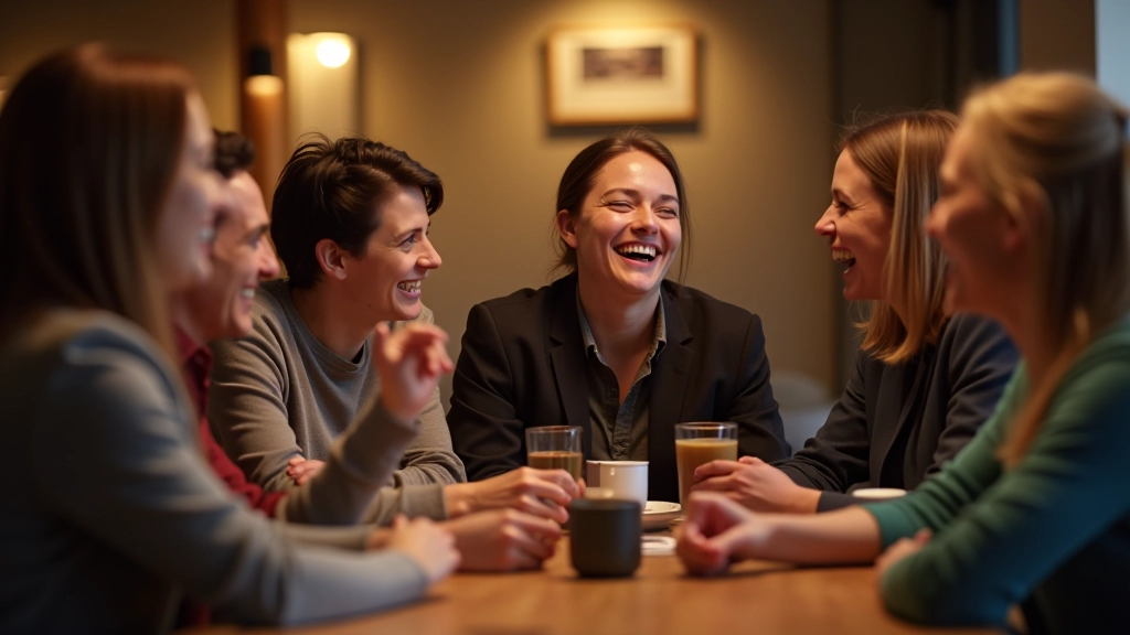 Skupina přátel se směje a tráví čas v místním klubu nebo kavárně