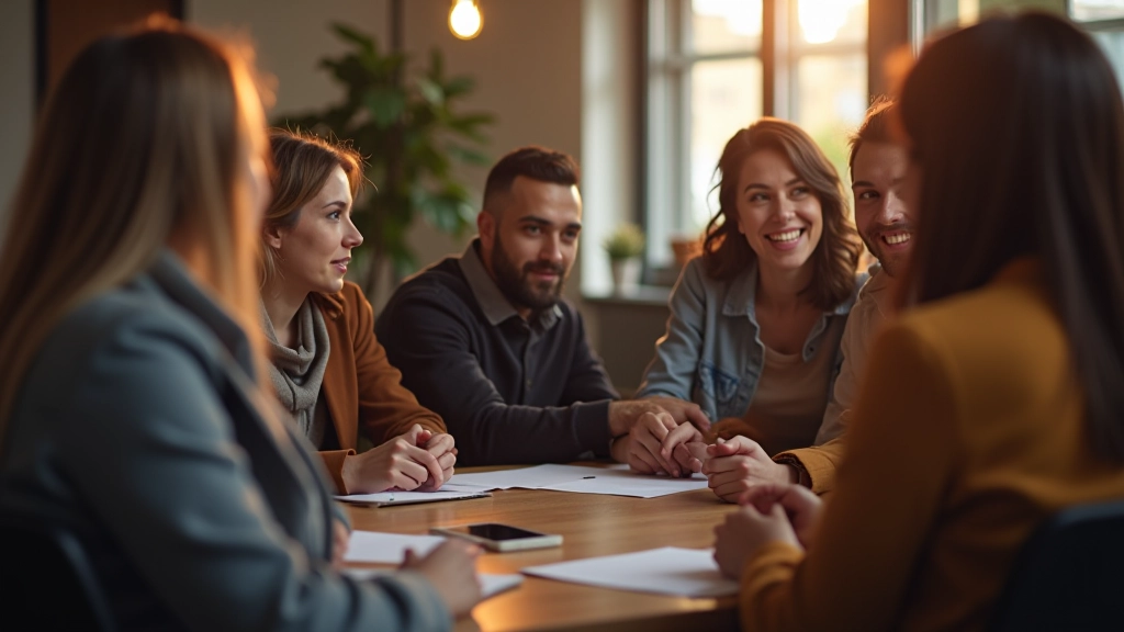 Skupina lidí sedící v kruhu a rozhovoru v pohodlném interiéru