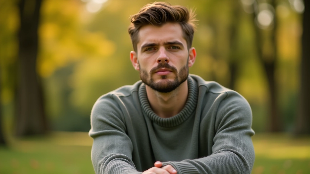 Muž v tichém parku dýchá a relaxuje, připravuje se mentálně na sociální interakci