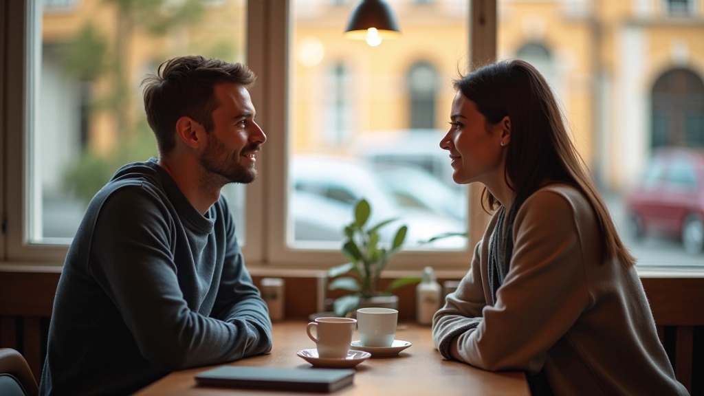 Dva lidé vedou přátelský rozhovor v kavárně, seděli si tváří v tvář se smile