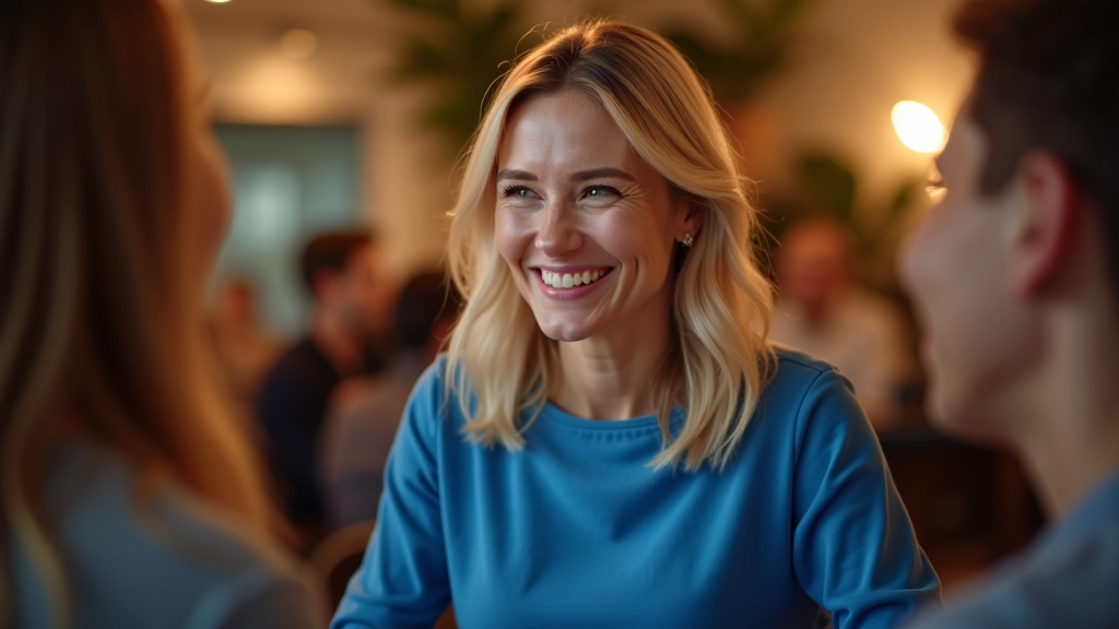 Žena v modrém oblečení usměje se při rozhovoru na společenské akci, otevřená tělesná řeč